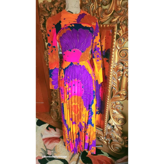 Vintage 60's Krist Vivid Orange & Purple Barkcloth Pleated Maxi Dress