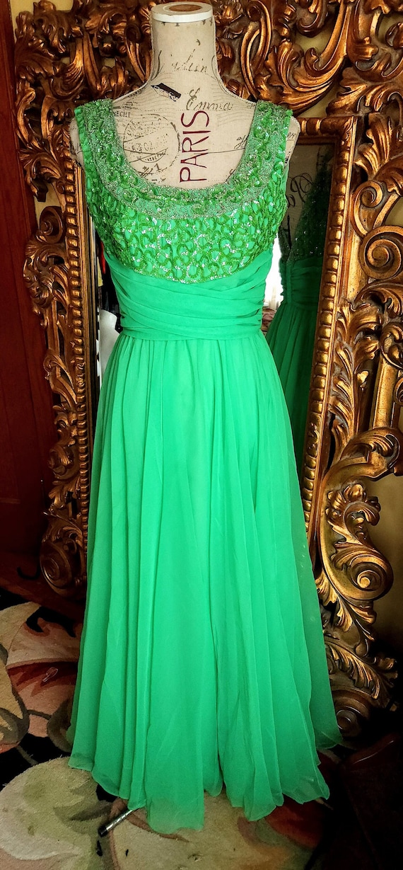 Vintage 60's Mike Benet Green Chiffon Beaded Form… - image 1