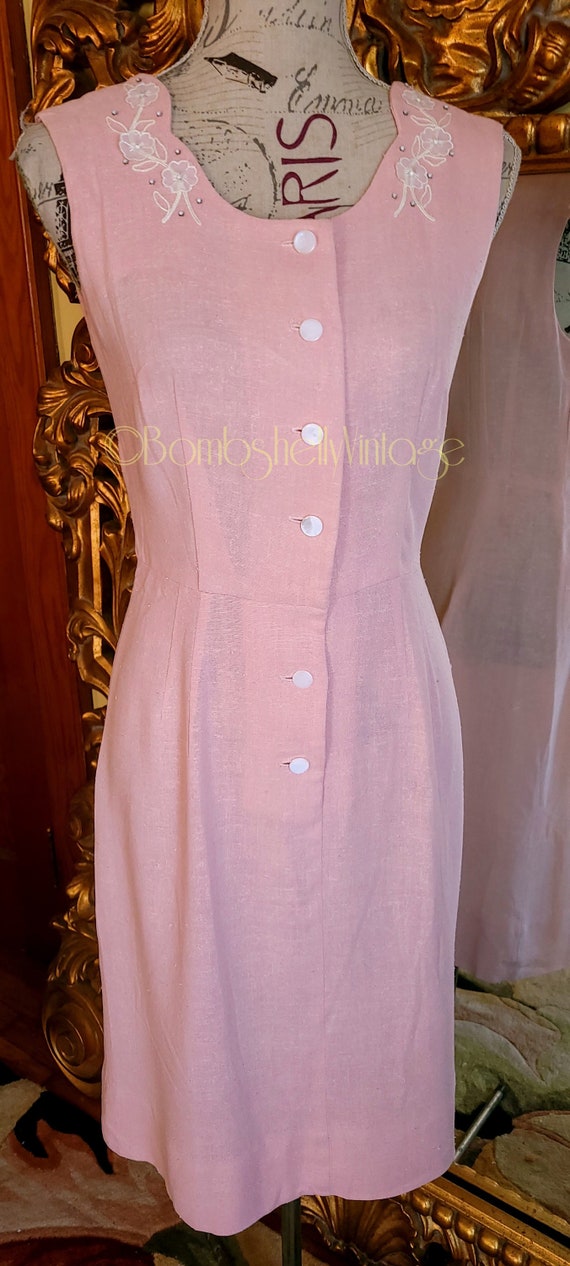 Vintage 50's Edith Martin Pink Linen Two Piece Dr… - image 2