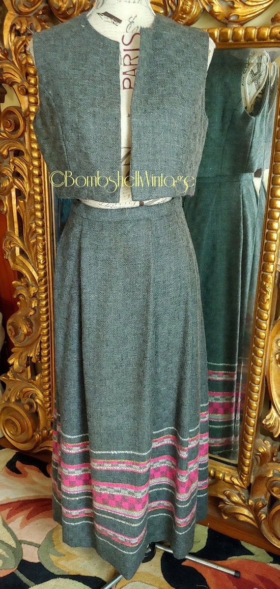 Vintage 70's Gray and Pink Wool Vest and Maxi Skir