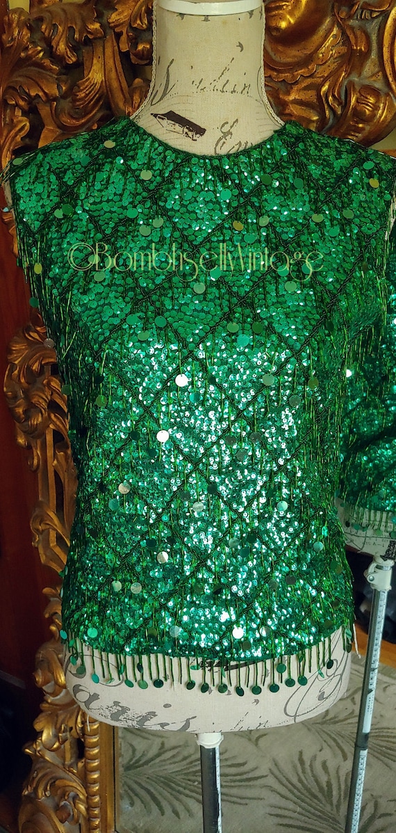 Vintage 50s/60s Green Sequin Beaded Fringe Sweater