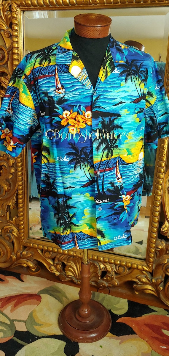 Vintage 60's Mens Blue Aloha Tiki Shirt by Creatio