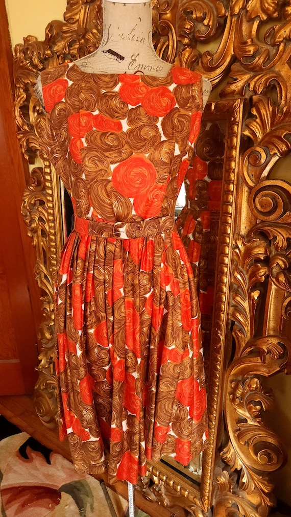 Vintage 50's Orange and Brown Cotton Fit and Flare