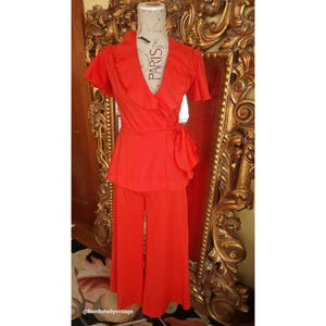 Vintage 70&#39;s Joseph Magnin Orange Red Wide Leg Pant Suit