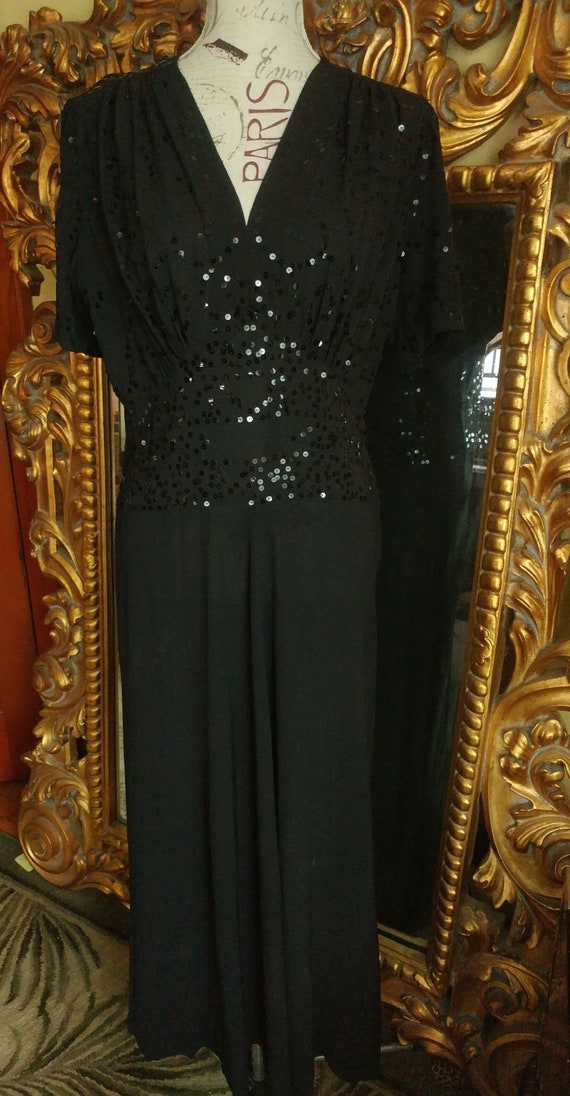 Vintage 1940's Black Crepe Sequin Dress