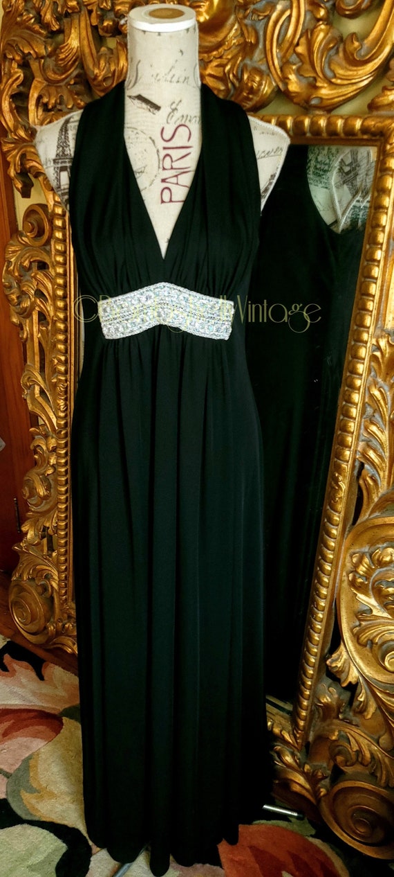 Vintage 70's Julie Miller Black Goddess Gown with… - image 1