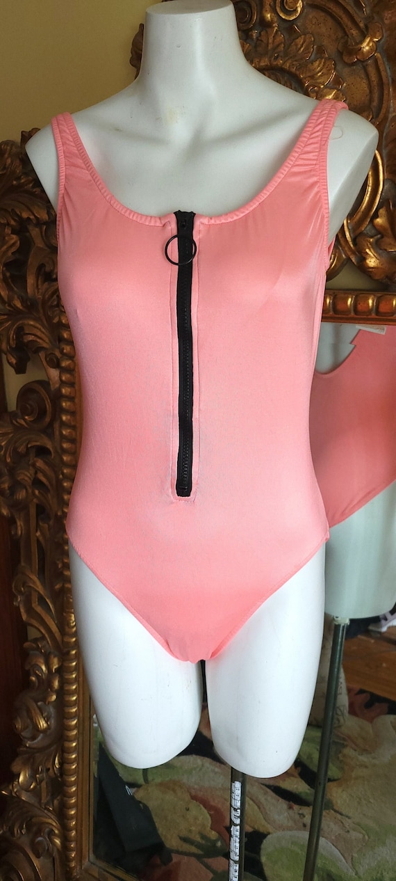 Vintage 80's Coral Pink Zip Front Tank Bathing Sui