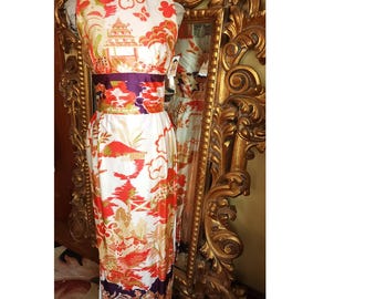 Vintage 60's Asian Print Full Length Hostess Tunic with High Side Slits