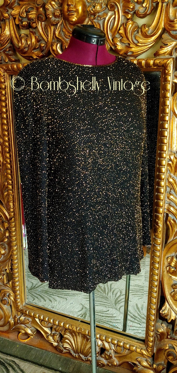 Vintage 80's Bieff Basix Black Silk Gold Beaded T… - image 1