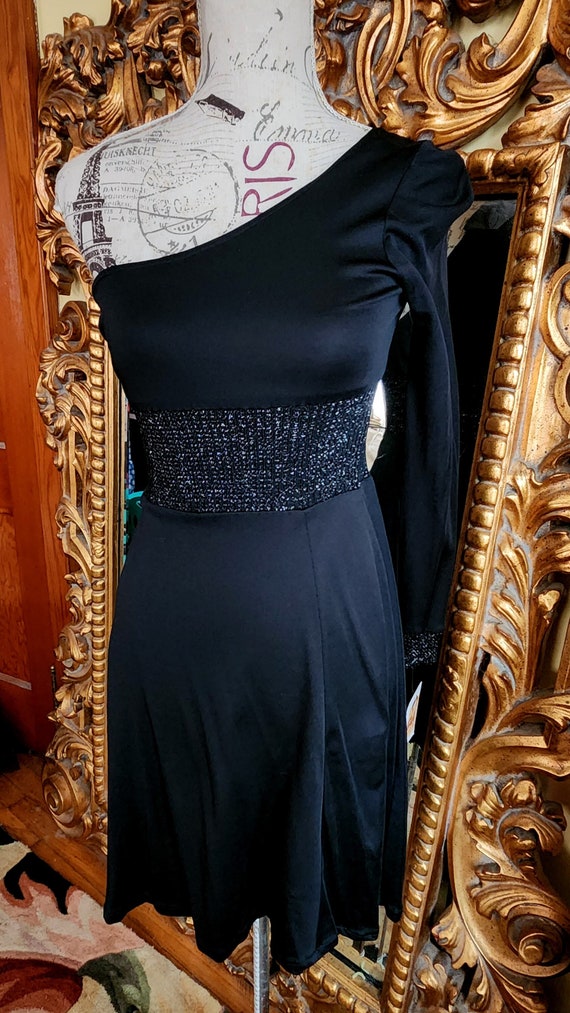 Vintage 70's Young Edwardian One Shoulder Black D… - image 1