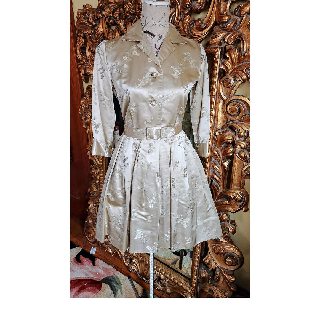 Robe Maxi Vintage En Soie Dynasty - Hong Kong - Taille M (14), Couleur Beige - Manches Longues
