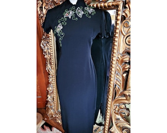 Vintage 40&#39;s Black Rayon Crepe Cheongsam Dress with Beautiful Beading