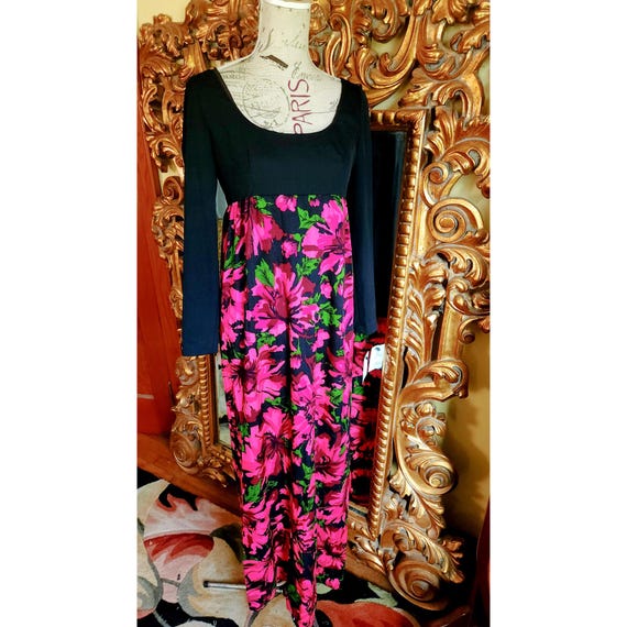Vintage 60's Black and Hot Pink Floral Maxi Dress