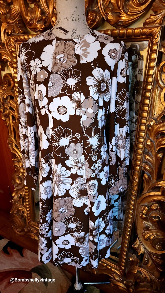 Vintage 70's Brown and White Floral Polyester Dres