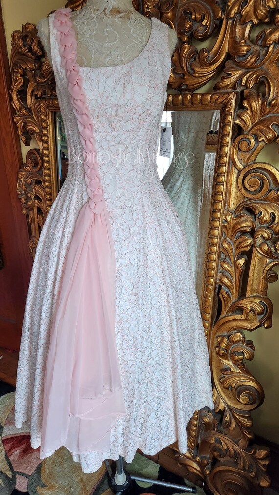 Vintage 50's White and Pink Lace Party Dress with 