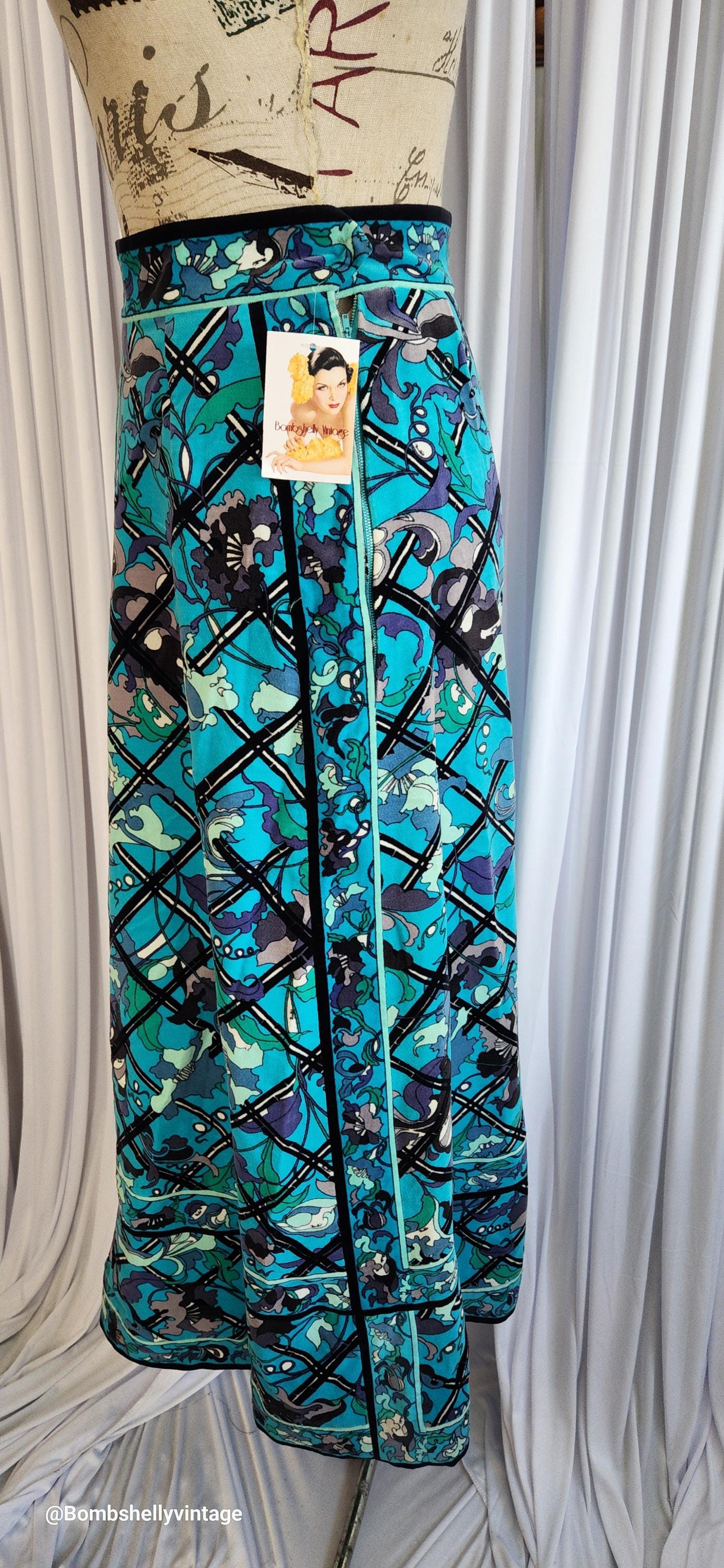 Vintage 60's Emilio Pucci Blue Print Velvet Maxi Skirt & Silk Top