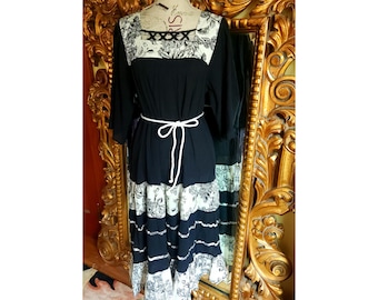 Vintage 70's Lady Rose Black Cotton Gauze Bell Sleeve Dress
