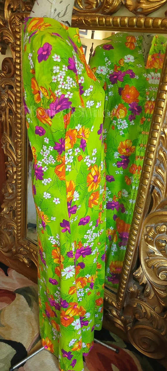 Vintage 60's Lime Green Floral Barkcloth Maxi Dre… - image 2