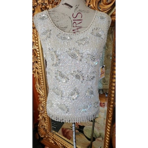 Vintage 50's Harilea's White and Silver Sequin and Beaded Fringe Sweater Top