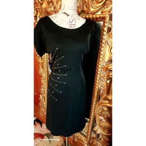 Vintage 60&#39;s Sue Gail Black Cocktail Dress with Rhinestone Details