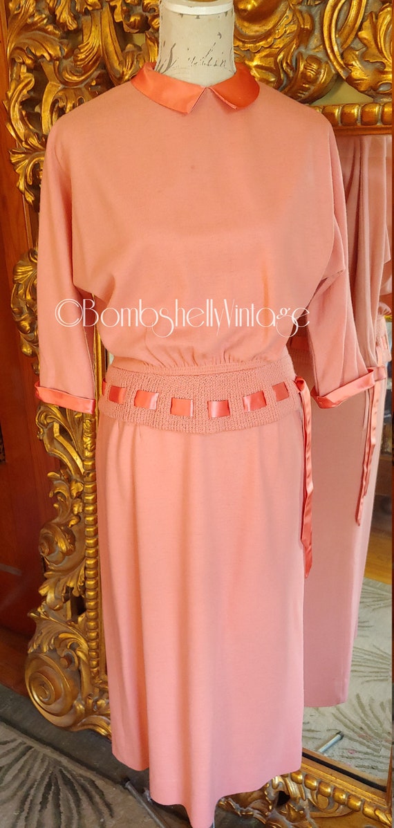 Vintage 50's Coral Wool 2 piece Sweater Skirt Set