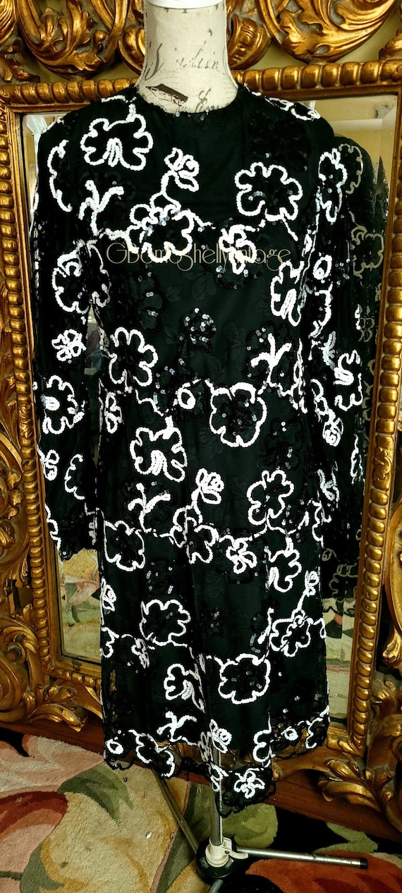 Vintage 60's Mod Black and White Lace Sequin Dress