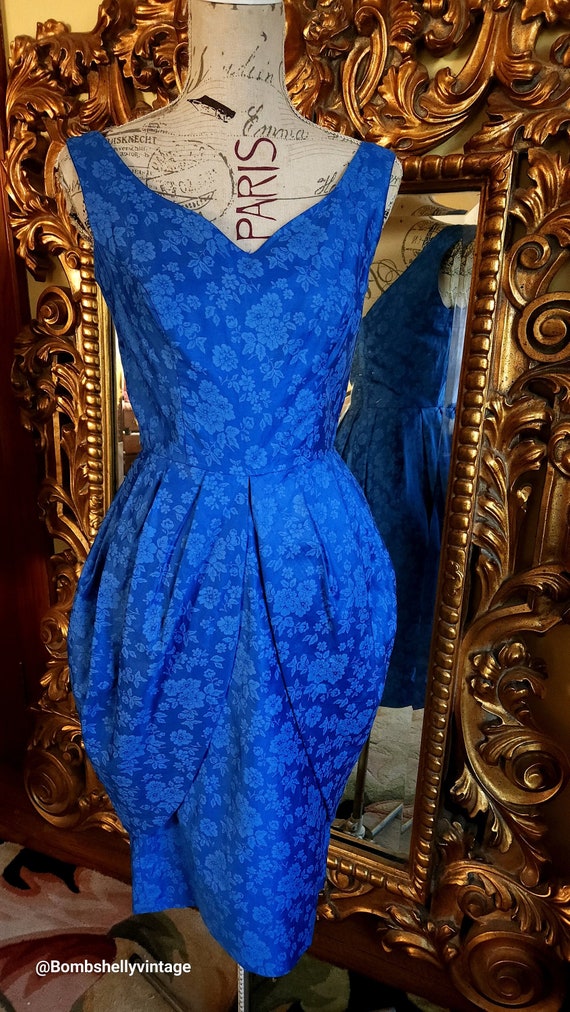 Vintage 50's Blue Cotton Jaquard Bubble Dress