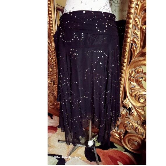 Vintage 90 s Cache Black Silk Chiffon Gold Sequined Handkerchief Hem Skirt Etsy UK