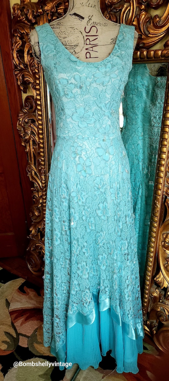 Vintage 60's Turqoise Blue Lace Gown with Beads an