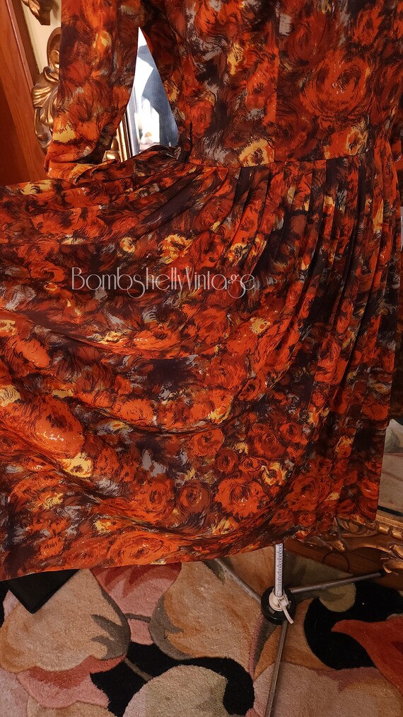 Vintage 60's Fall Floral Print Rayon Jersey Pleat… - image 7