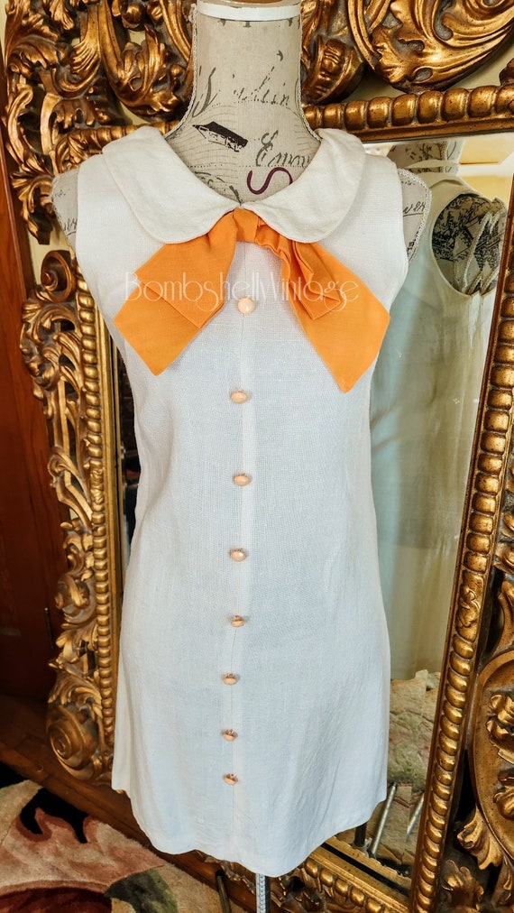 Vintage 60's White Cotton Linen Sheath Dress with… - image 1