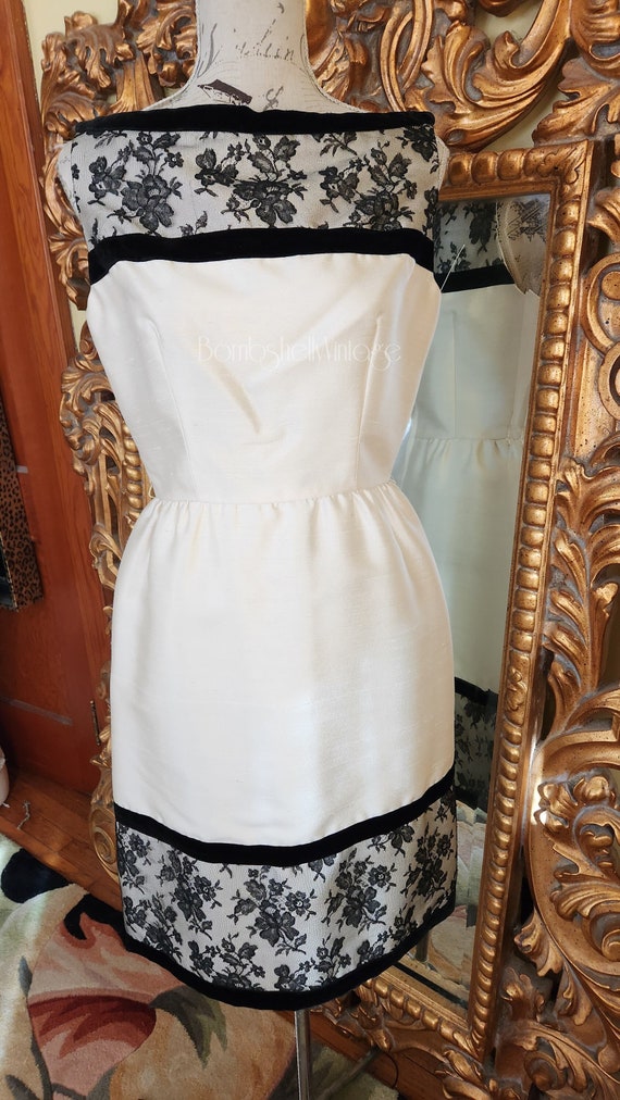 Vintage 60's Pat Sandler White Silk and Black Lace