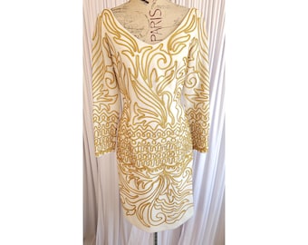 snopes white and gold dress Vintage Sydney North California & Sheath with Soutache Metallic Trim, High End Cocktail Wear femme