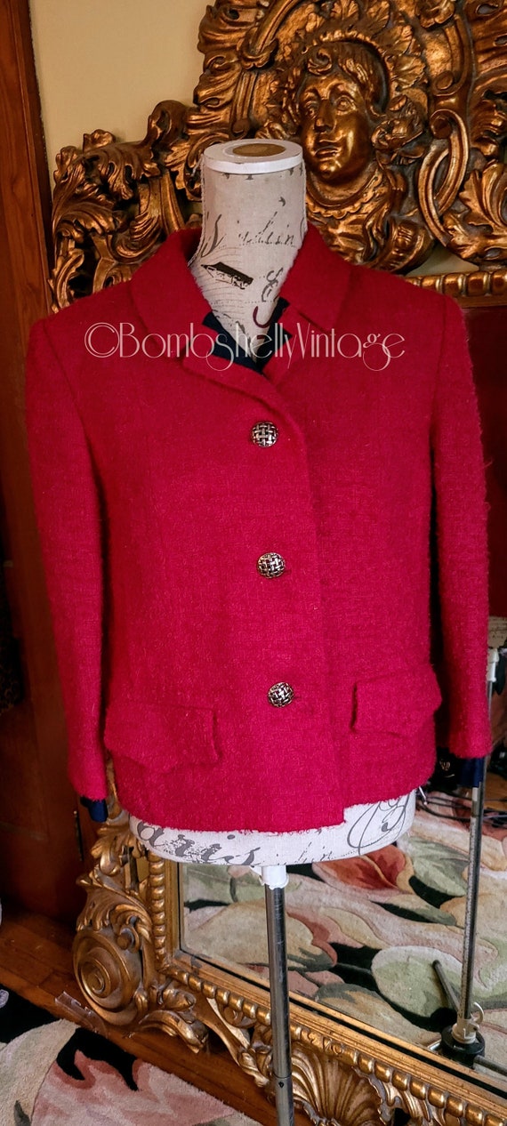 Vintage 60's Raspberry Red Boucle and Navy Blue L… - image 1