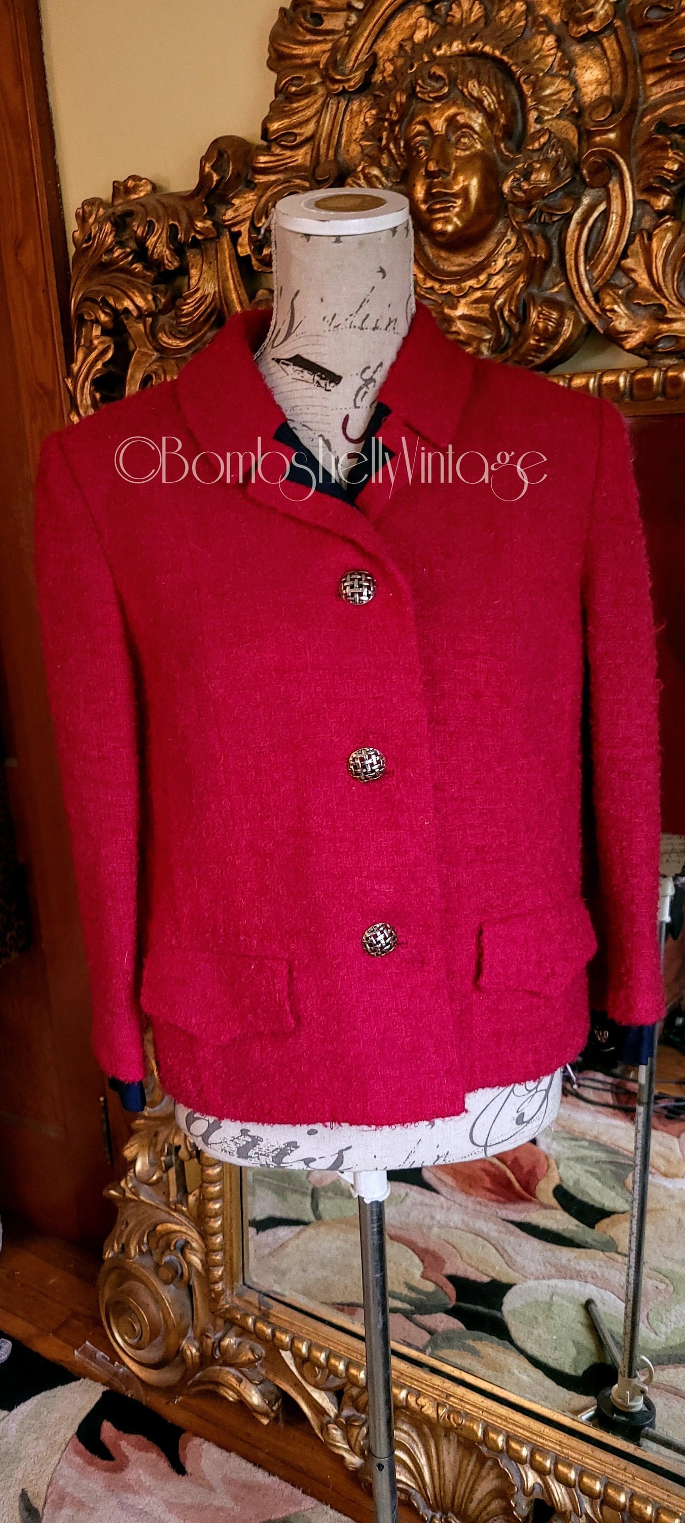 A Vintage Chanel Red and White Cropped Boucle Jacket at 1stDibs