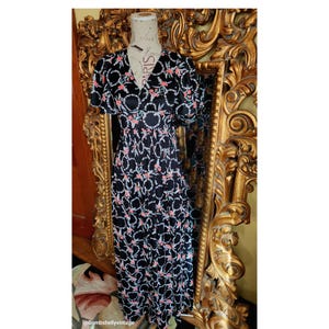 Vintage 70&#39;s Black 30&#39;s Print Floral Maxi Dress with Flutter Sleeves