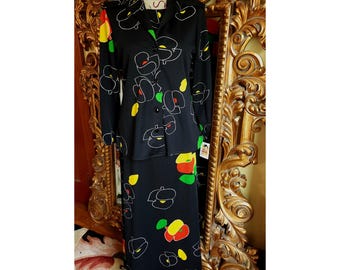 Vintage 70's Black Abstract Floral 3 Piece Skirt Set