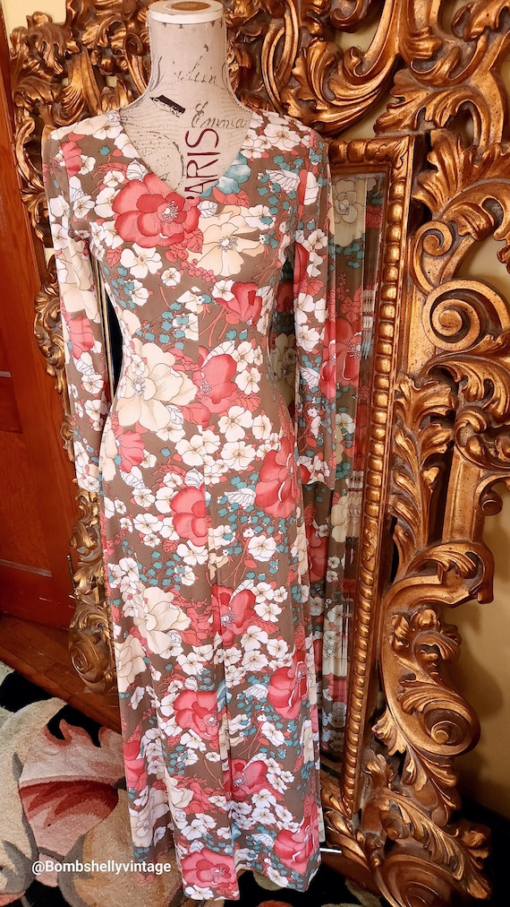 Vintage 70's Peach and Tan Floral Maxi Dress