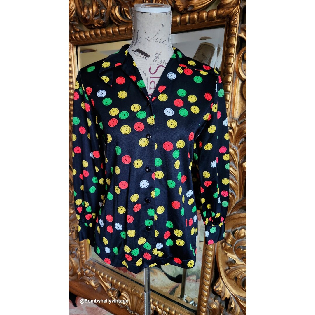 Vintage b&w text print button blouse ^^^ S