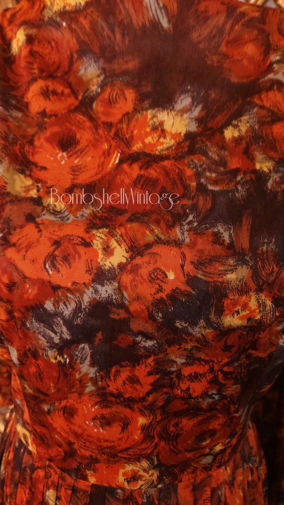 Vintage 60's Fall Floral Print Rayon Jersey Pleat… - image 5