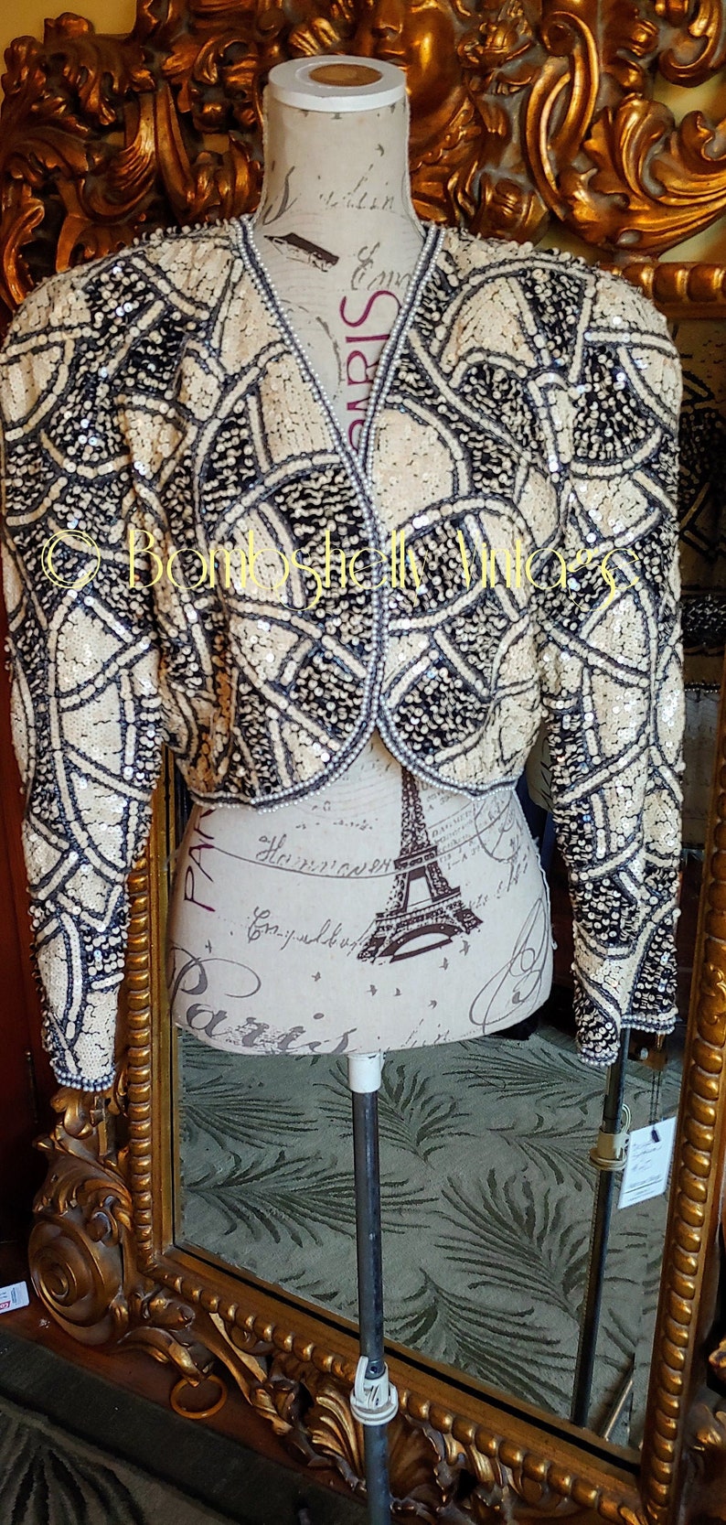 Vintate 80#39;s Beige and Black Sequined Bolero Jacket Vintate 80#39;s Beige and Black Sequined Bolero Jacket