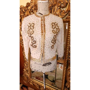 Vintage 50&#39;s China Art Emb. Co. Beige Wool Cardigan Sweater with Gold Beading and Sequins