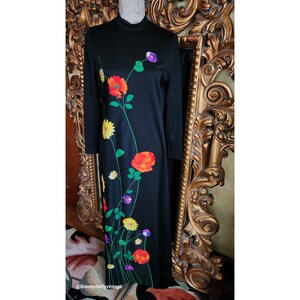 Vintage 60&#39;s Lilli Diamond Mod Black Floral Applique Knit Maxi Dress