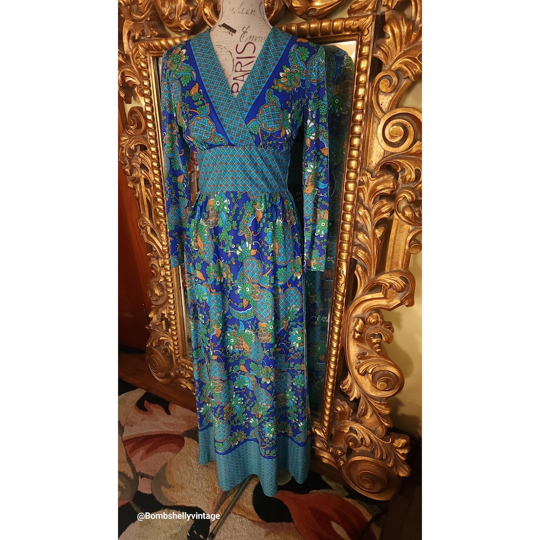Large 1960s Dress Colorful Green Abstract Print Blue Sleeveless main image 0