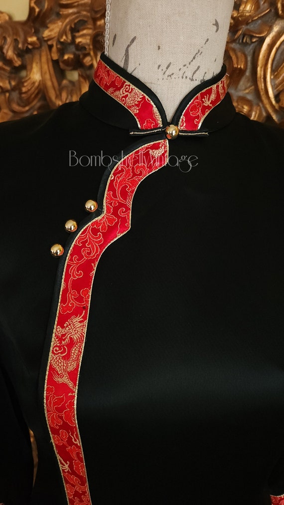 Vintage 80's Black Satin Cheongsam Dress with Red… - image 5