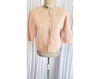 Vintage 50's Robinson's Pink Angora and Lambswool Beaded Cardigan Sweater