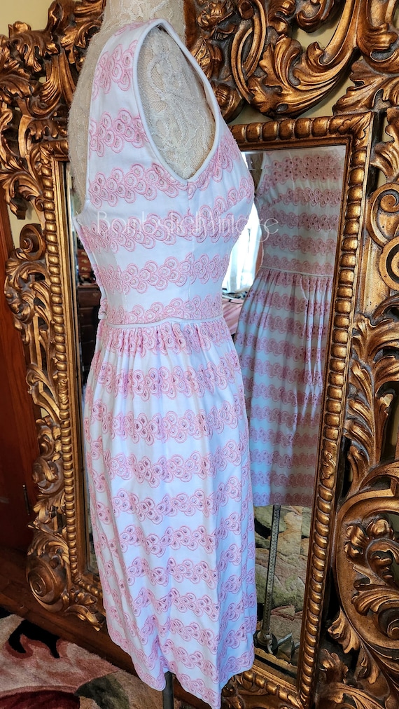 Vintage 50's White and Pink Cotton Eyelet Dress - image 2