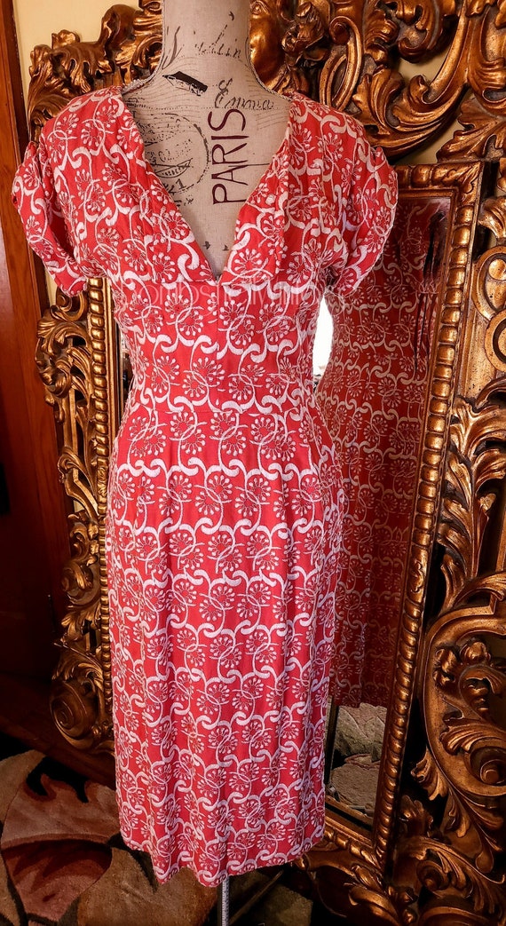 Vintage 50's Coral Pink Embroidered Wiggle Dress