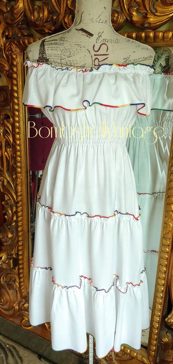 Vintage 70's White Off the Shoulder Peasant Dress