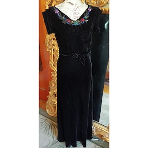 Vintage 1930&#39;s Black Velvet Gown with Coloful Sequin Trim